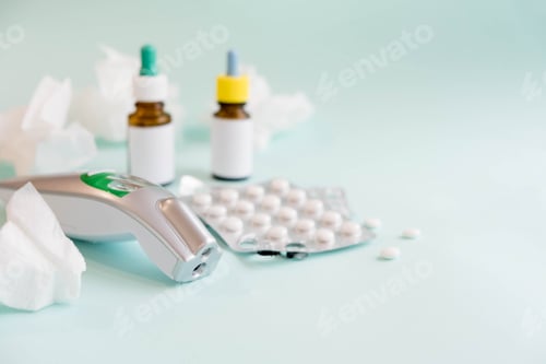 Preview: flu treatments. Spray for the nose or a pill to treat colds and gripes. Glass Bottle with medicines