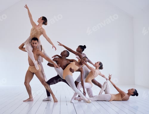 Preview: Perfectly positioned. Shot of a group of ballet dancers practicing a routine in a dance studio.