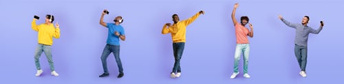 Preview: Multiracial millennials guys using phones and headphones on purple, banner