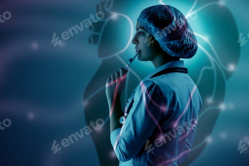 Preview: Collage On Scientific Topics. Young Female Doctor Standing Against Heart Background