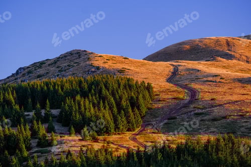 Preview: Landscape of Stara Planina Mountain at a soft orange sunset