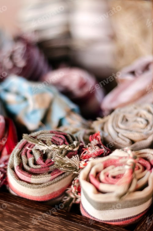Preview: mixed traditional krama cotton scarves on display in cambodia