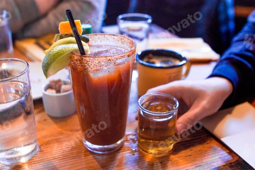 Bloody Mary Cocktail with Shot Glass on Table