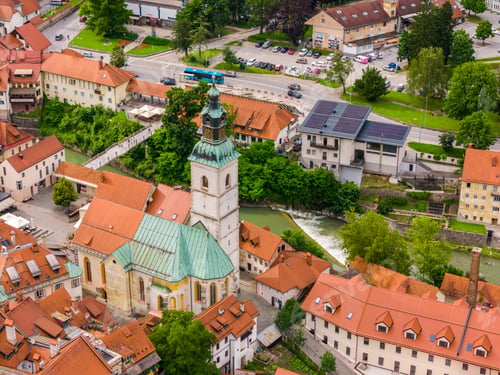 Preview: Bird's-Eye View: Skofja Loka Townscape Captured by Drone in Slovenia