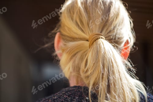 Preview: Yellow hair with ponytail. Portrait Of Beautiful Middle Age Blond Woman With Pony Tail. view from th