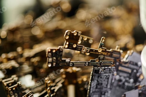 Preview: set of electronic microschemes in repair shop on blurred background, small business concept