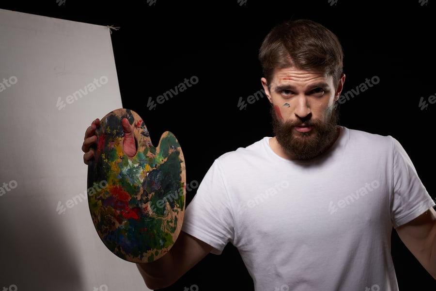 Cover for A man with a palette in his hands brush easel art Creative approach hobby dark background