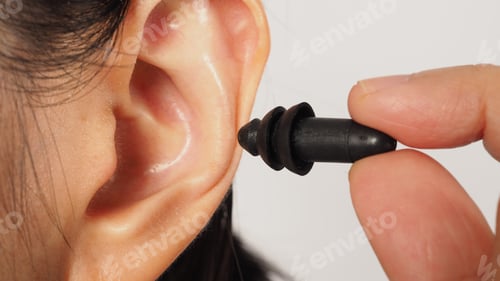 Preview: Hand is hold black earplug and ear on white background.