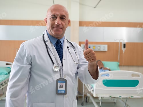 Preview: At hospital walkway doctor stand smart portrait photo looking to camera