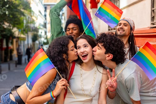 Preview: Friends kissing woman cheeks at gay pride parade
