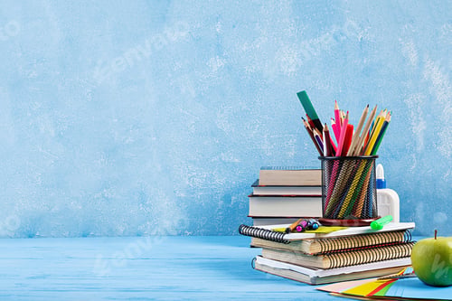 Preview: Set of colorful school supplies, books and notebooks. Stationery accessories.