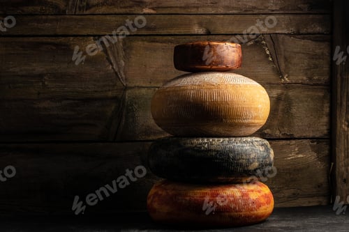 Preview: cheese at farmers traditional market. Big yellow goat cheese heads on a wooden board