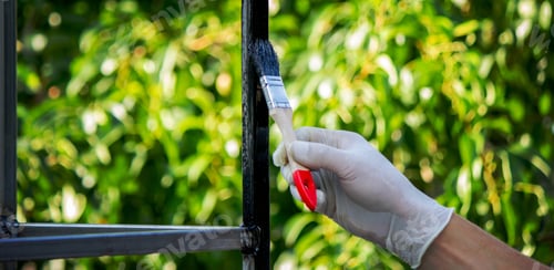 Preview: close up of painting metal with brush in garden.