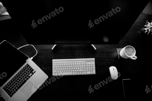 Preview: Workspace Computer, Keyboard, and Coffee in Black and White