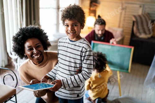 Preview: Happy family. Multiethnic parents are playing with children. Education technology people fun concept