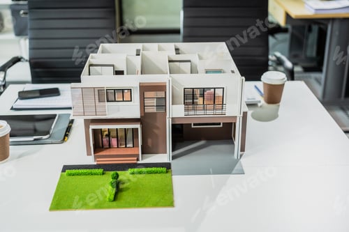 Aperçu: A modern engineer's desk featuring a detailed house model, blueprints, and renovation plans.