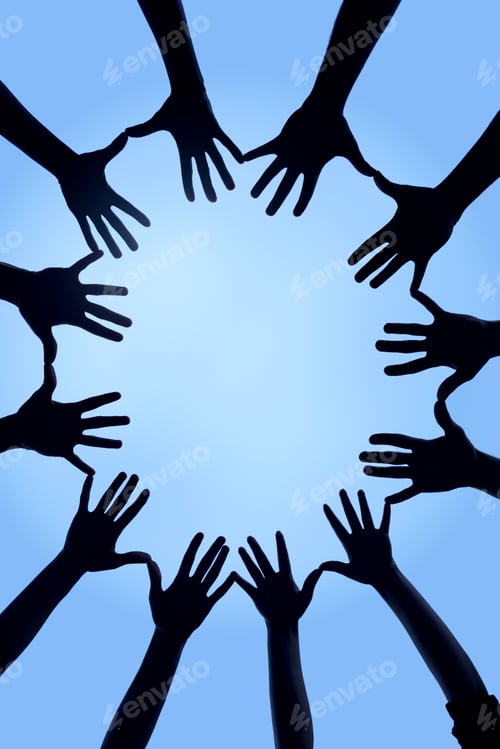 Preview: Uniting together. Cropped shot of a group of hands spread out together in a circle.