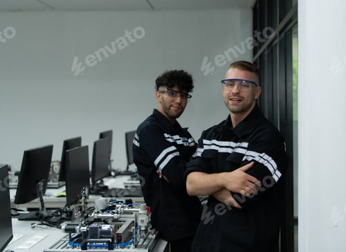 Preview: Portrait of students studying robotic hand technology are learning