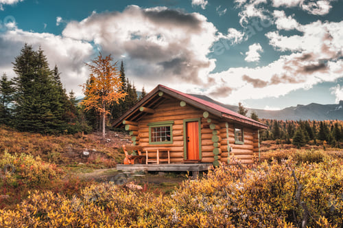 Preview: Wooden hut in autumn forest at national park