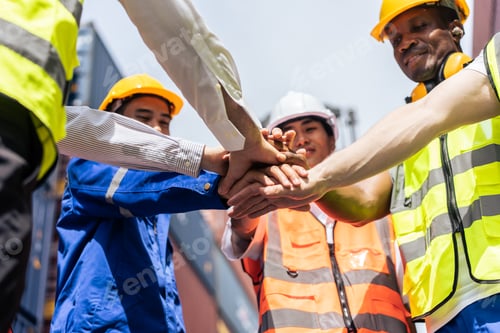 Preview: Group of young male and female worker working in container terminal.