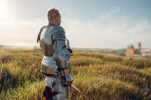 Preview: Medieval knight in armor holds sword
