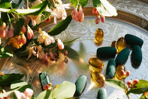 Preview: Still life pink jasmine and vitamins pills