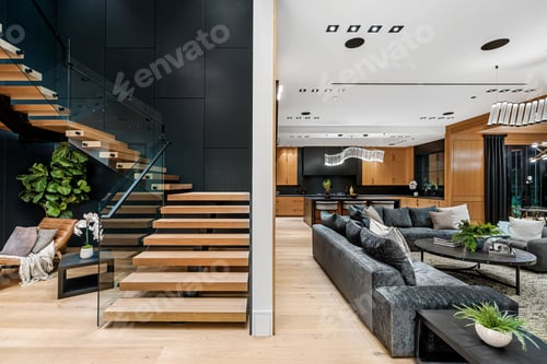 Preview: Modern interior design with stylish living room and kitchen.