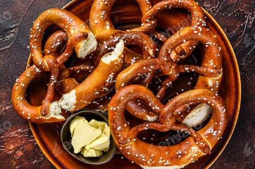 Preview: Freshly baked homemade pretzel with salt on a rustic plate. Dark background. Top view