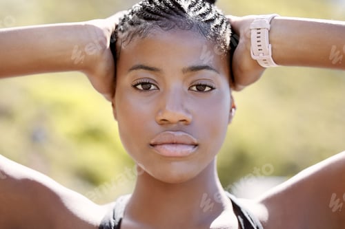 Preview: Determined face, fitness training and black woman running for motivation, cardio exercise for healt