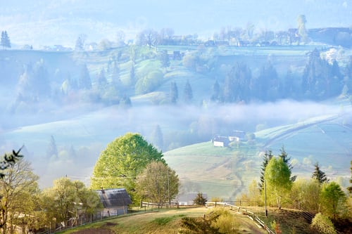 Preview: Serene countryside morning with mist rolling over gentle hills.