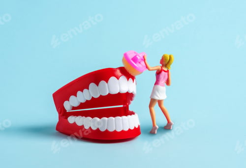 Preview: Miniature model of woman with brush cleans model of human tooth on blue background.