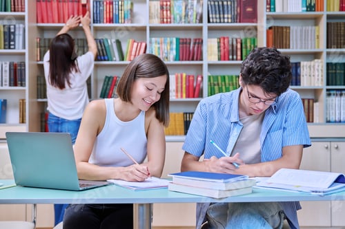 Preview: Two students sitting in college library, studying, preparing for exams