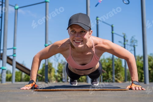 Preview: Sportive woman working out on the sports ground in sunny summer day