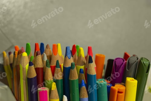 Preview: Closeup shot of a pile of colorful pencils and markers