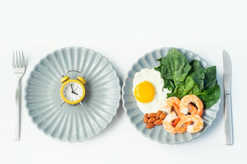 Preview: Plate with food and plate with an alarm clock on white background, intermittent fasting concept.