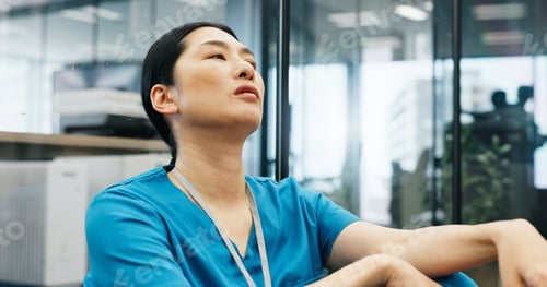 Preview: Japanese, woman and nurse with thinking in hospital of healthcare stress, medical mistake and burno