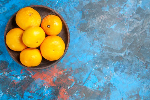 Preview: top view fresh tangerines inside plate on blue background tree color citrus fruit photo juice