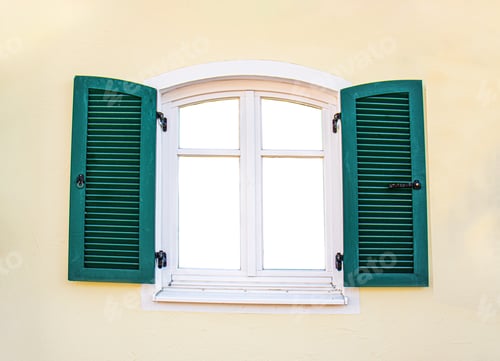 Preview: open window with green wooden shutters,mockup