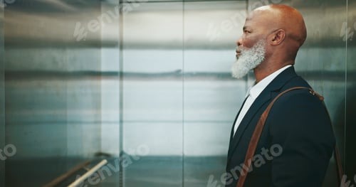 Preview: Business, man and travel in office elevator for morning commute, journey to work or waiting to exit
