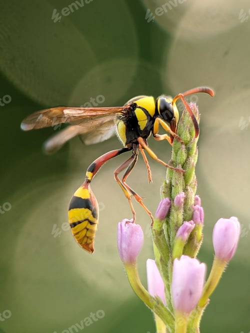 Preview: Vertical macro shot of a potter wasp (Eumeninae) on a plant against green background