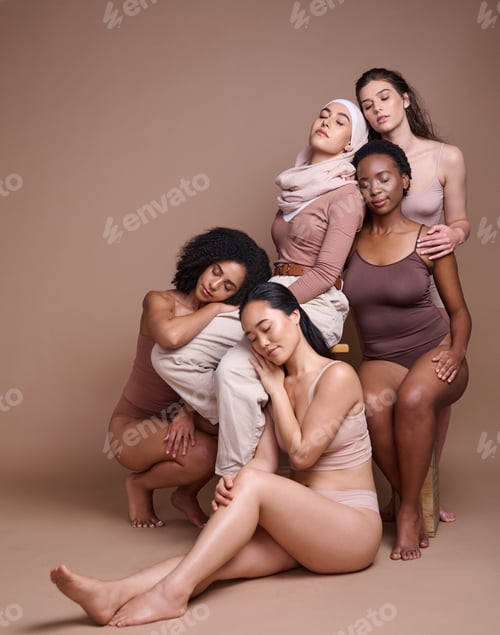 Preview: Diversity, woman and body positive skincare beauty for inclusion, spa dermatology wellness and natu