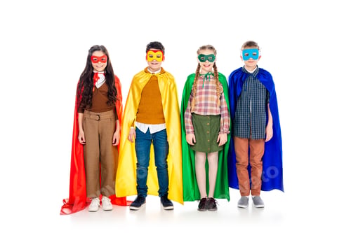 Preview: happy kids in superhero costumes and masks looking at camera On White