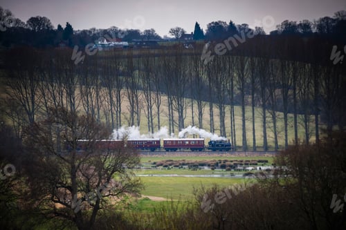 Preview: Kent and East Sussex Railway steam train seen from Bodiam Castle, East Sussex, England, United Kingd