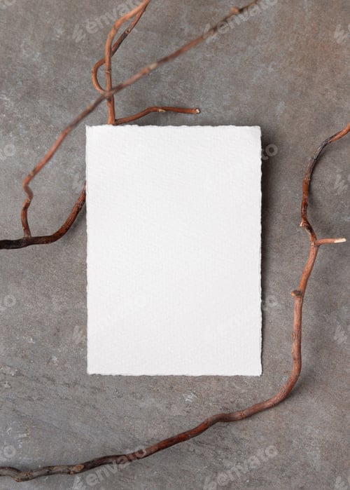Preview: Blank card mockup on grey stone with dry branches, copy space. Minimal rustic stationery template
