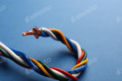 Preview: Many twisted electrical wires on blue background, closeup