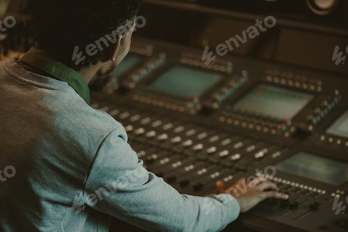 Preview: close-up shot of sound producer working with analog equalizer