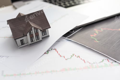 Preview: Home model and red arrow graph with growing value put on the wood in the public park, Business