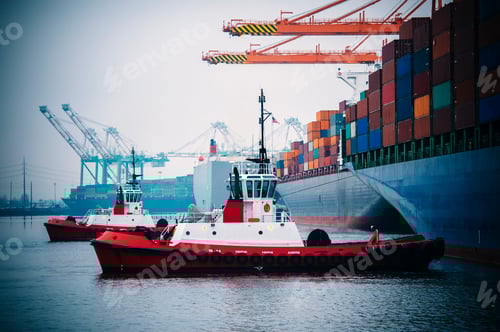Preview: Container ship and tugboats in harbor, Tacoma, Washington, USA