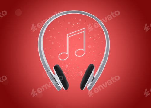 Preview: Headphones and music note against dark red background
