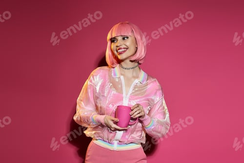 Preview: Pink-Haired Woman Smiles in Colorful Outfit